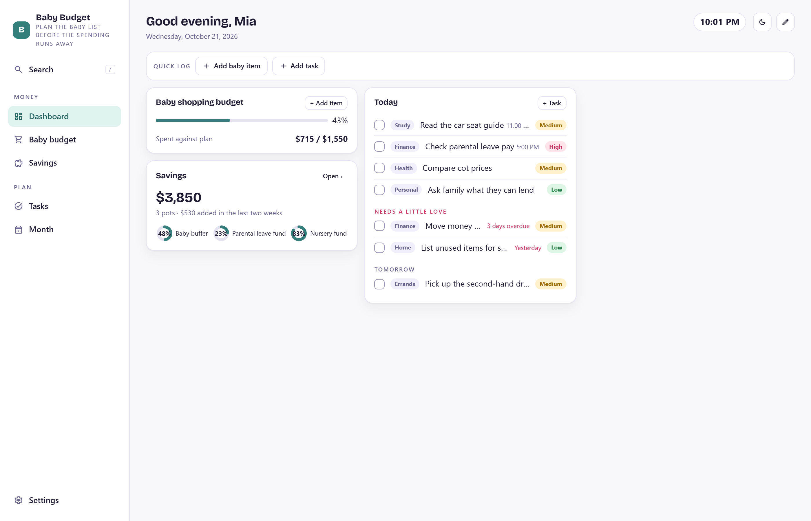 Baby Budget dashboard