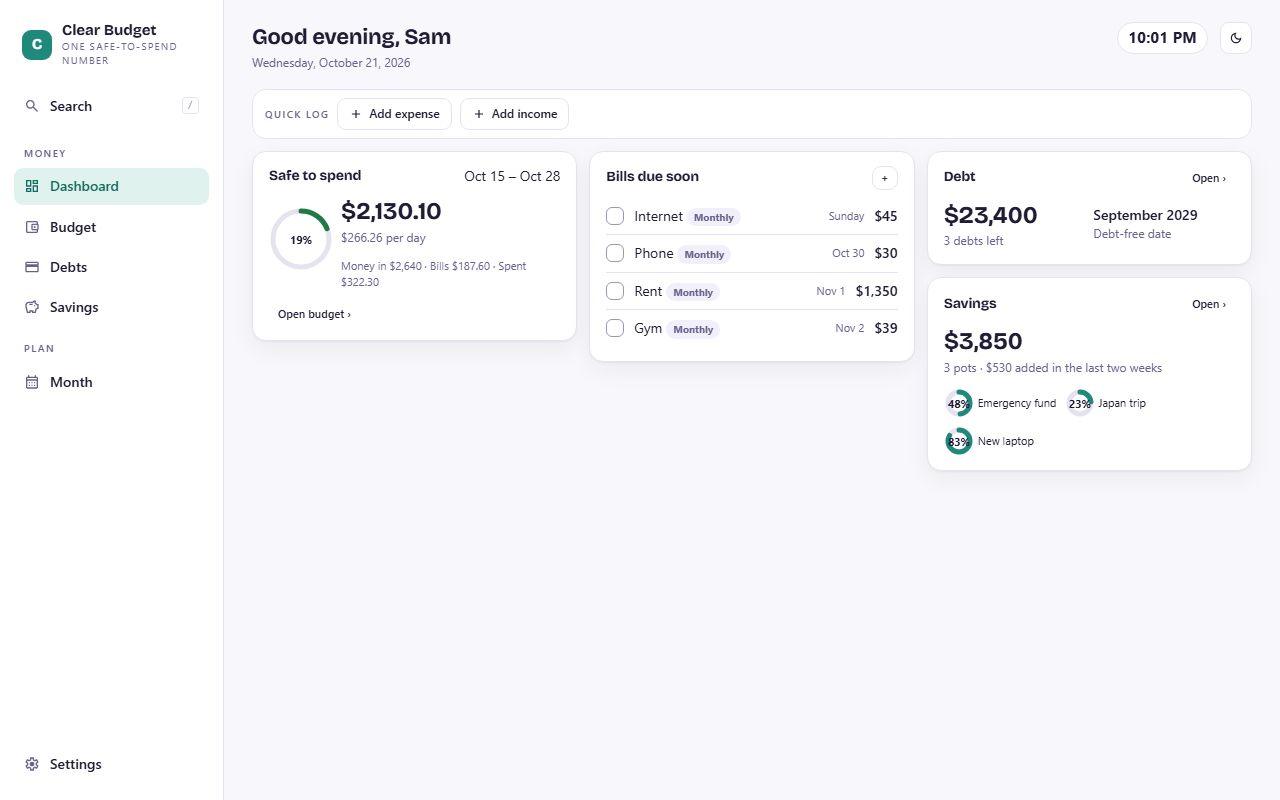 Clear Budget dashboard
