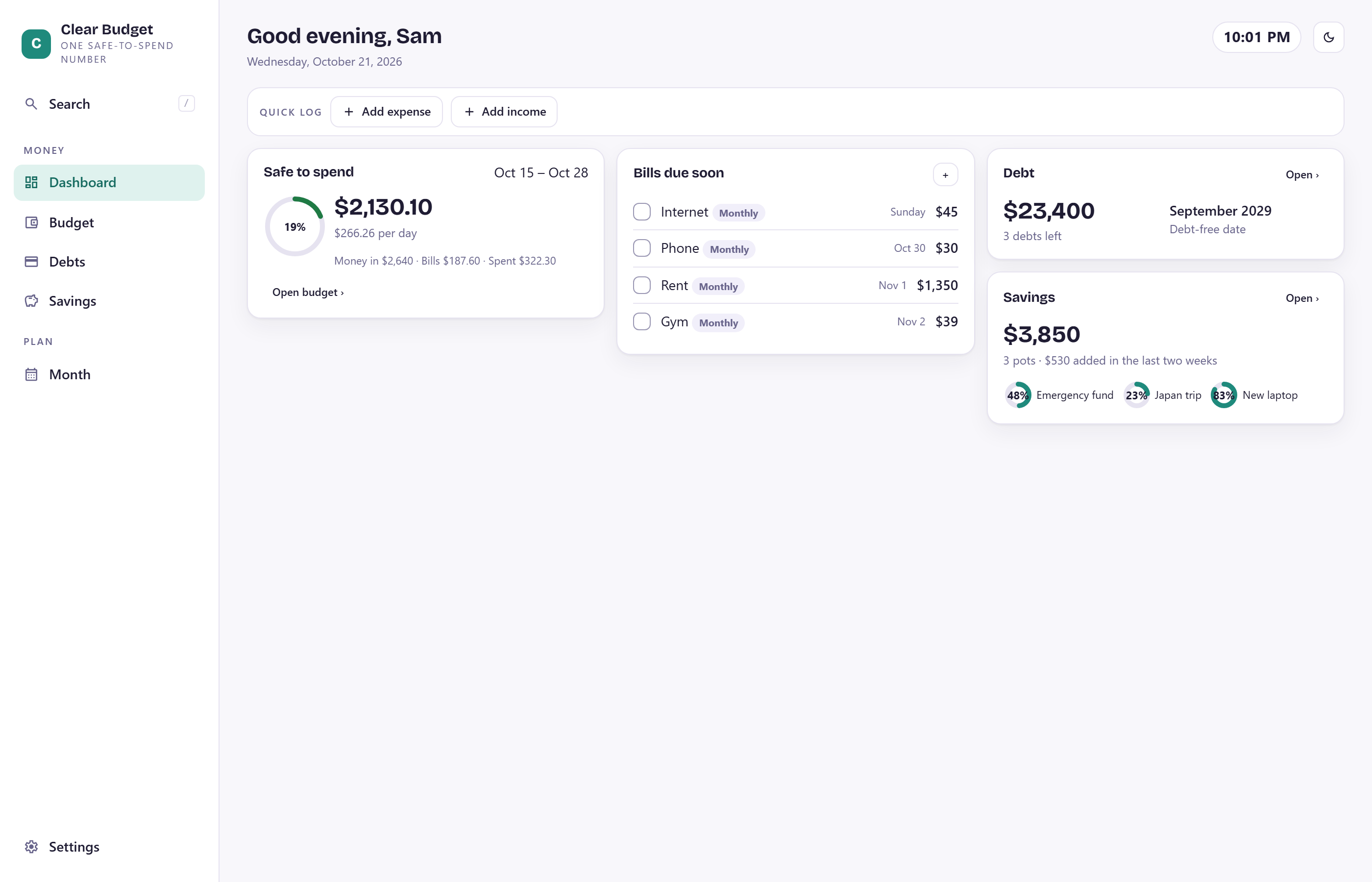 Clear Budget dashboard